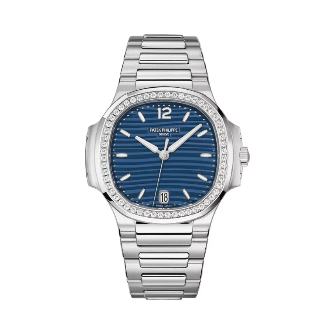 Patek Philippe Nautilus 7118:1200A-001 Blue Opaline Index Dial Diamond-Set Bezel Stainless Steel 35mm Blue Dial Womens Watch